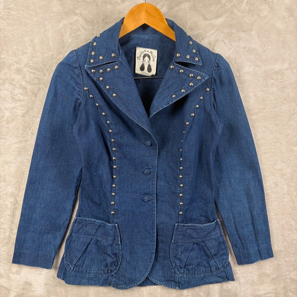 VTG 70s Poupee Noire California Studded Denim Jacket Blue Medium Wash Western S